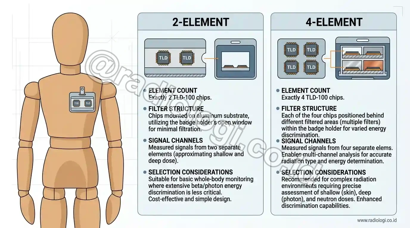 Infografis Perbedaan Fitur dan Kapabilitas Dosimetri TLD Harshaw 2-Element vs 4-Element