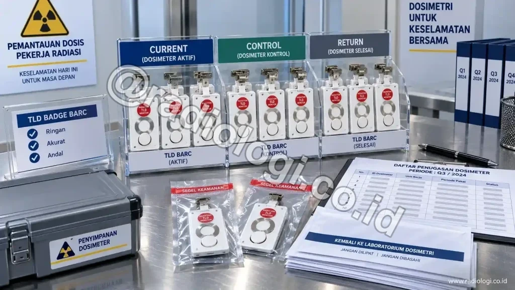 Petugas proteksi radiasi memantau evaluasi dosis dosimetri pekerja di laboratorium