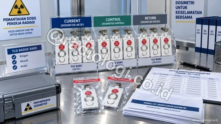 Petugas proteksi radiasi memantau evaluasi dosis dosimetri pekerja di laboratorium