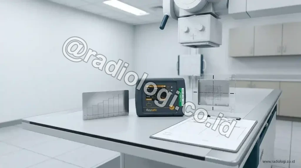 Petugas menguji kesesuaian pesawat Sinar-X di dalam ruangan radiologi