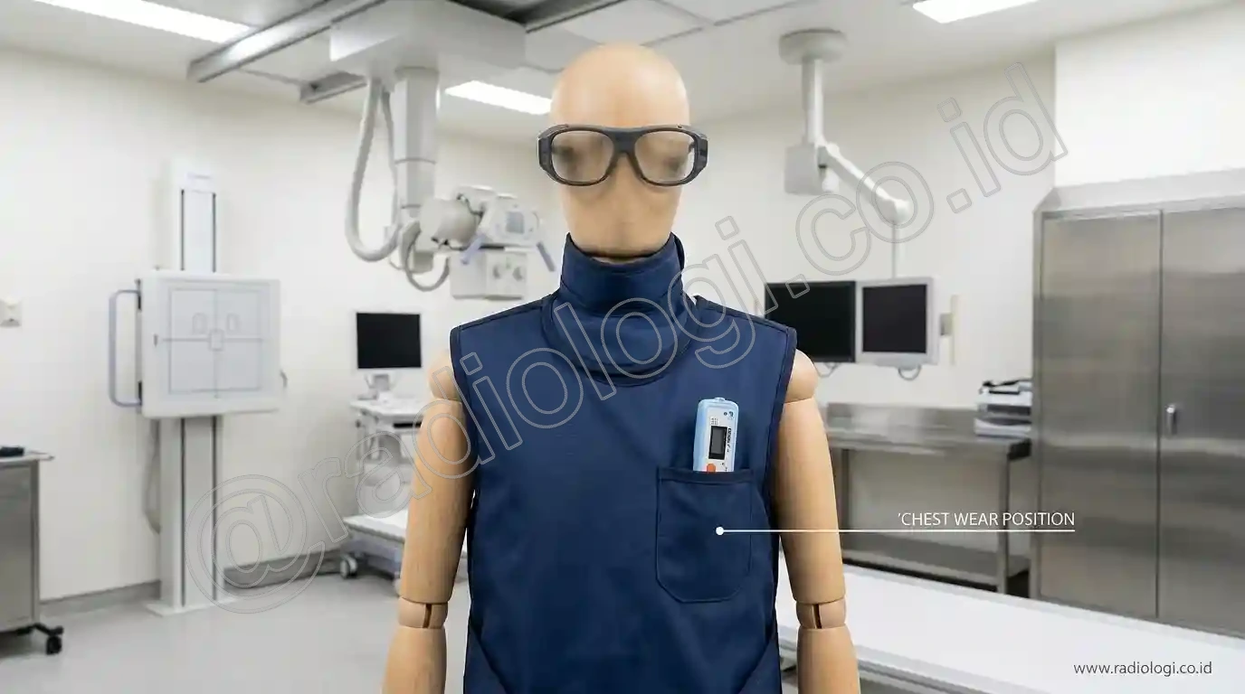 Posisi pemakaian dosimeter digital Fuji Dose-i pada saku dada apron timbal
